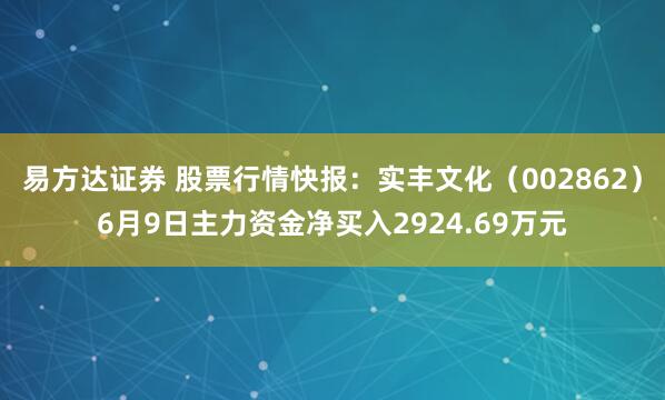易方达证券 股票行情快报：实丰文化（002862）6月9日主力资金净买入2924.69万元